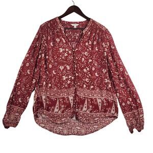 Lucky Brand Smocked Peasant Blouse Women Large Burgundy Red Paisley Floral Boho